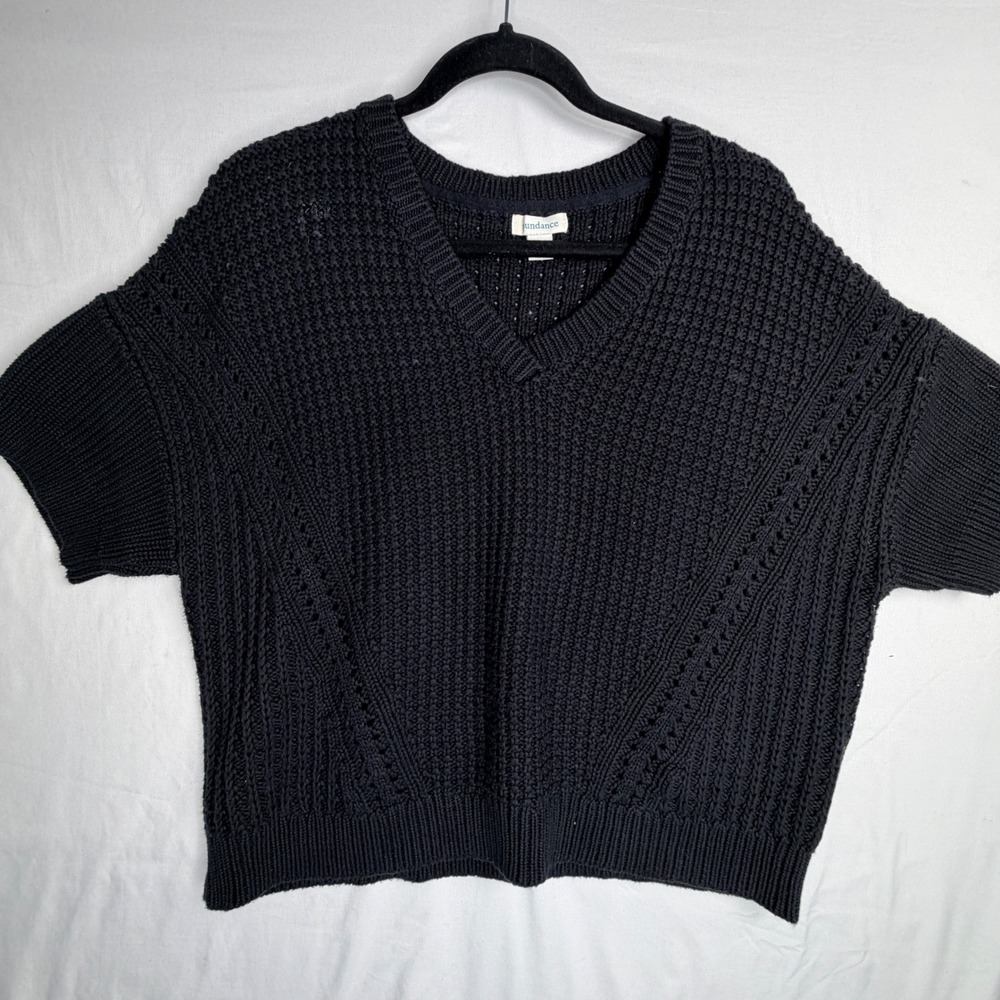 Sundance Sweater Large Black V-Neck Short Sleeve Chunky Knit Boxy Pullover